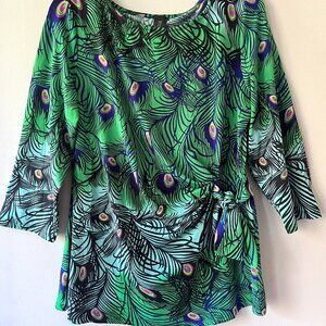MT COLLECTION‎ Sz XL Stretch Elbow Sleeve Top Blouse Peacock Print Waist Knot